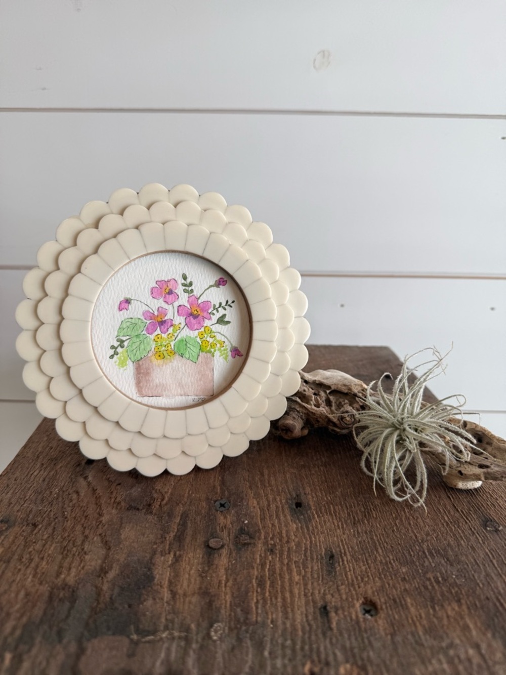 Hand crafted watercolor original in 4x4 Cream Floral Scalloped Round Frame